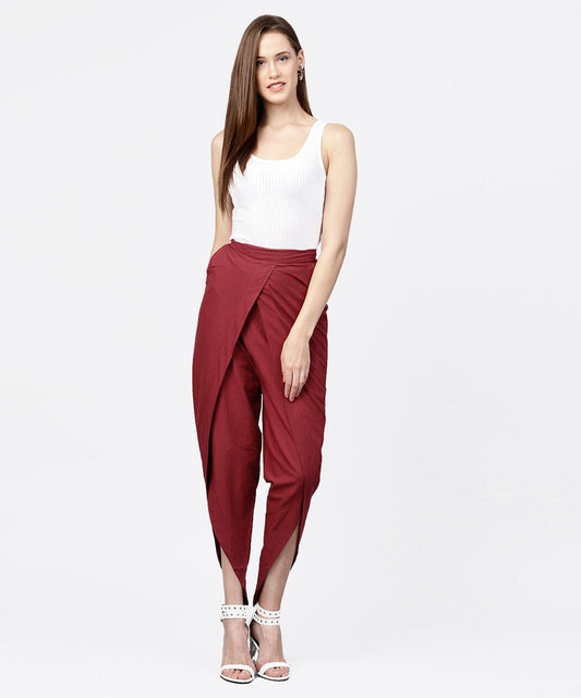 Solid Wine Ankle Length Cotton Tulip Pant | LASVINI - Redefining Indian Fashion with Elegance