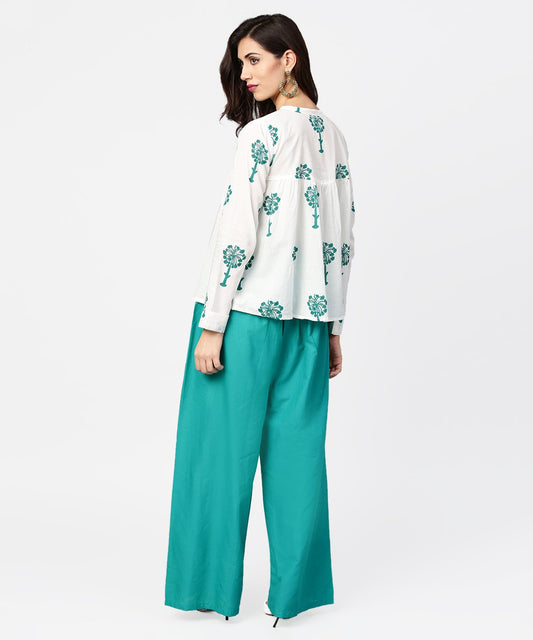 White Printed 3/4Th Sleeve Cotton Tops With Green Palazzo Set | LASVINI - Redefining Indian Fashion with Elegance