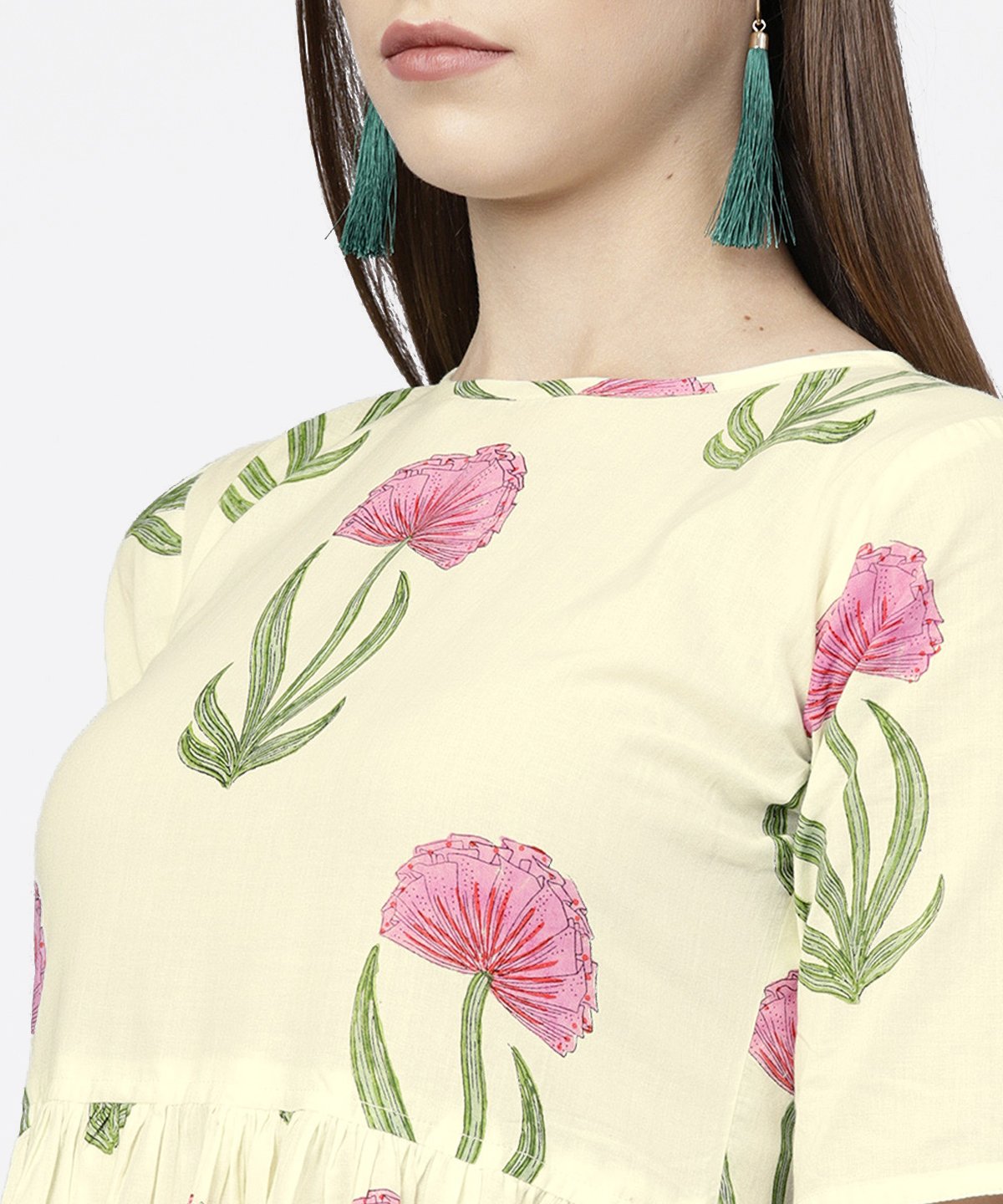 Off White Floral Printed Half Sleeve Cotton Maxi Dress | LASVINI - Redefining Indian Fashion with Elegance