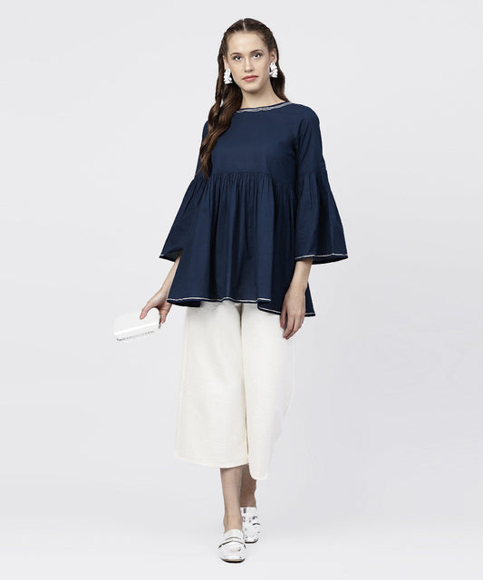 Solid Round Neck With Gathers And 3/4Th Flared Sleeves Tunic | LASVINI - Redefining Indian Fashion with Elegance