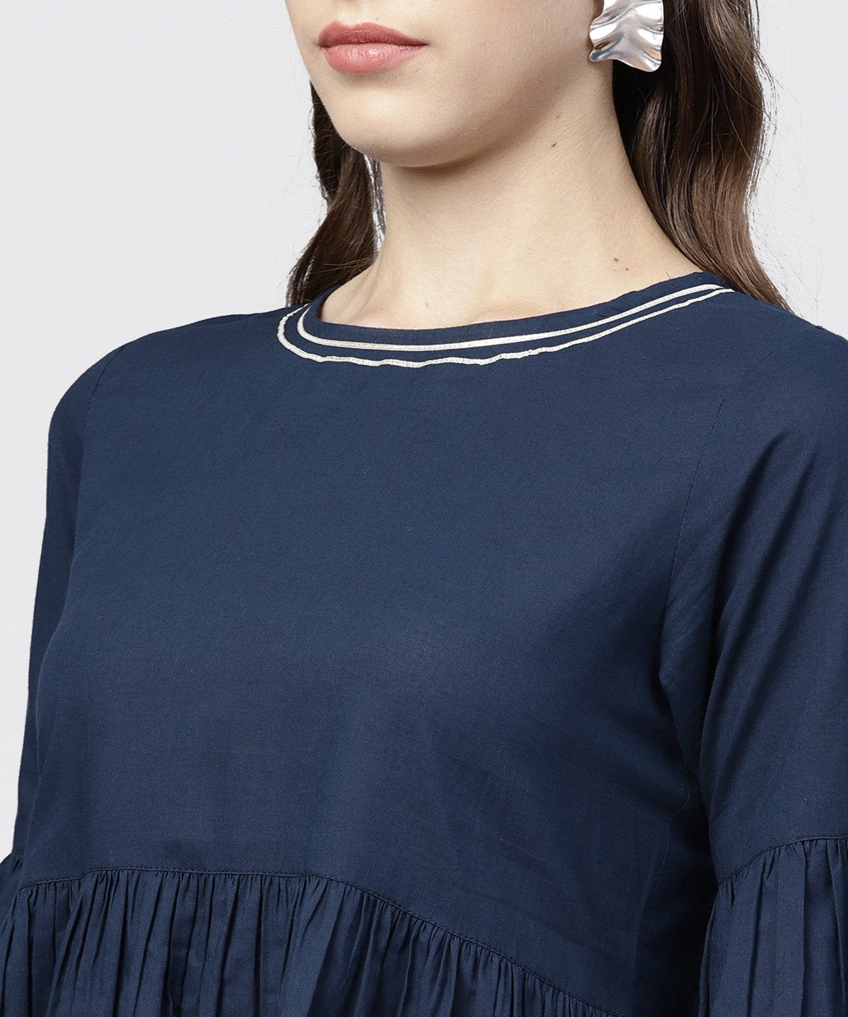 Solid Round Neck With Gathers And 3/4Th Flared Sleeves Tunic | LASVINI - Redefining Indian Fashion with Elegance