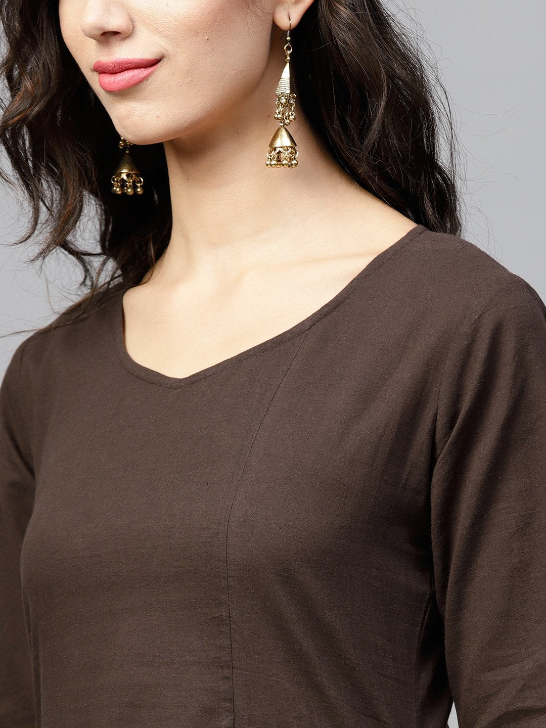 Dark Brown A-Line Dress With Front Patch Pockets And Half Sleeves | LASVINI - Redefining Indian Fashion with Elegance