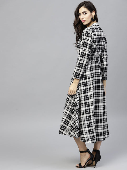 Black & White Checked Dress With Roll Collar And 3/4 Sleeves | LASVINI - Redefining Indian Fashion with Elegance