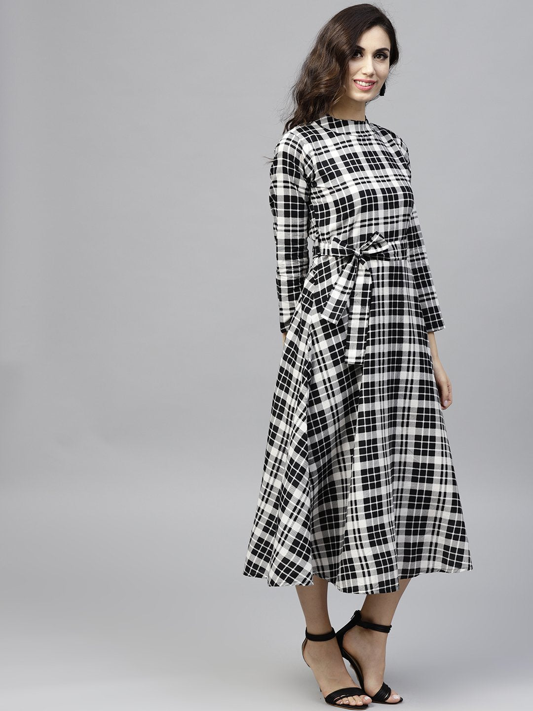 Black & White Checked Dress With Roll Collar And 3/4 Sleeves | LASVINI - Redefining Indian Fashion with Elegance