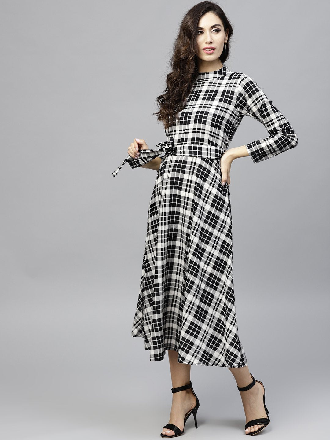 Black & White Checked Dress With Roll Collar And 3/4 Sleeves | LASVINI - Redefining Indian Fashion with Elegance
