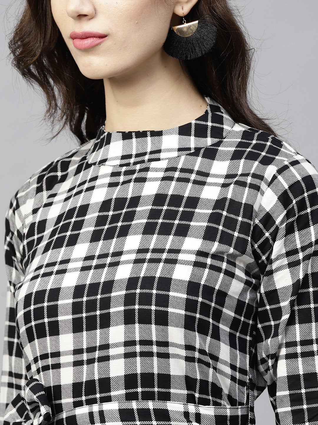 Black & White Checked Dress With Roll Collar And 3/4 Sleeves | LASVINI - Redefining Indian Fashion with Elegance