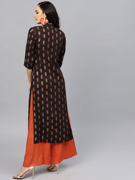 Dark Brown Printed Kurta Set With Orange Printed Palazzo | LASVINI - Redefining Indian Fashion with Elegance