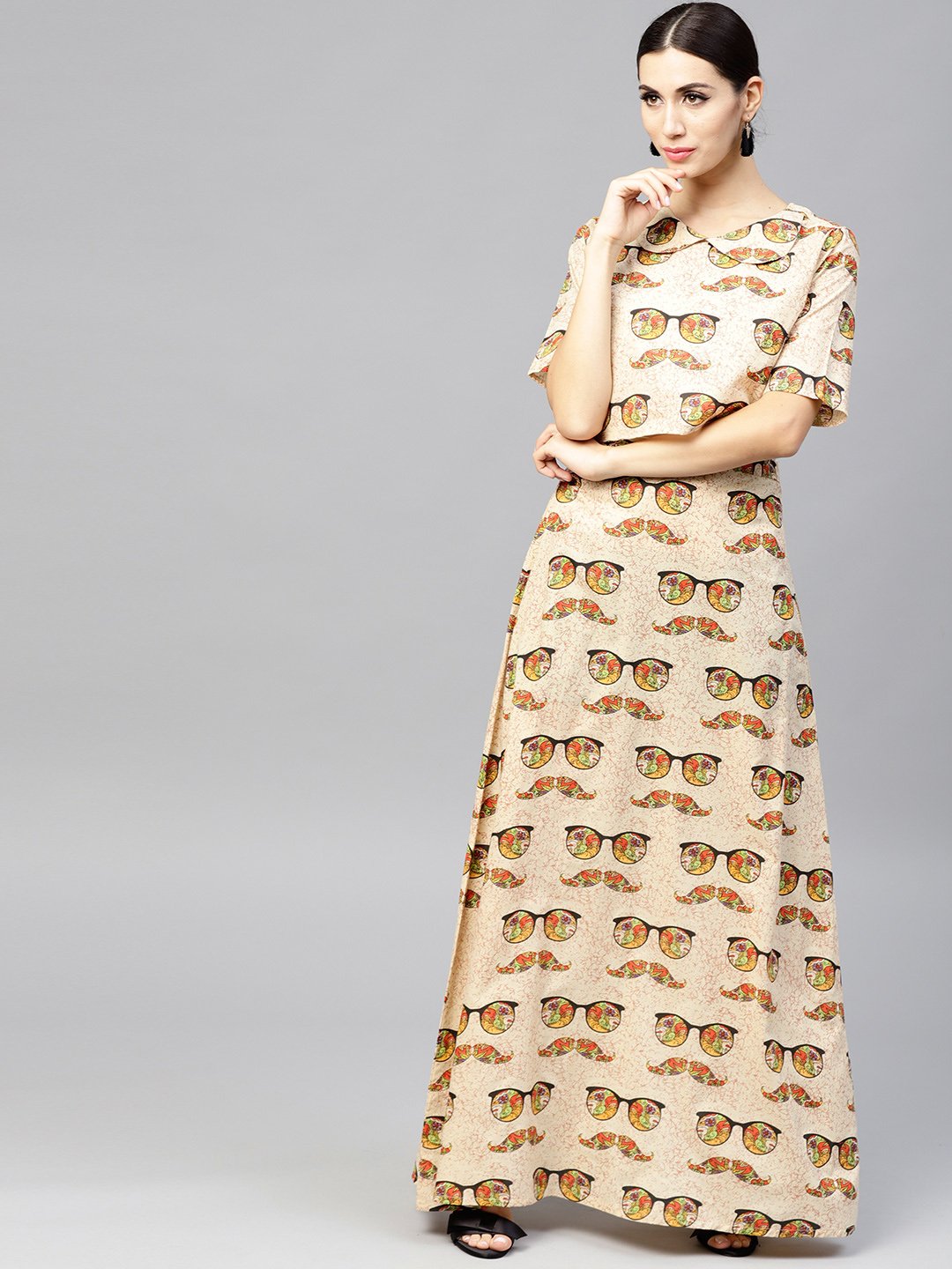 Beige Printed Peter Pan Collar Blouse With Floor Length Flared Ion Skirt | LASVINI - Redefining Indian Fashion with Elegance