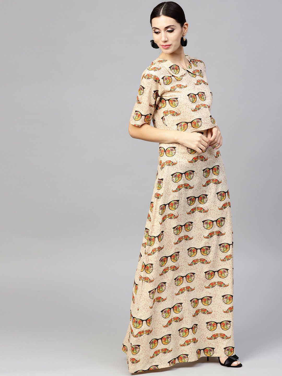 Beige Printed Peter Pan Collar Blouse With Floor Length Flared Ion Skirt | LASVINI - Redefining Indian Fashion with Elegance