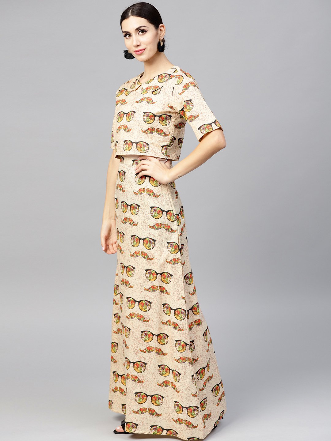 Beige Printed Peter Pan Collar Blouse With Floor Length Flared Ion Skirt | LASVINI - Redefining Indian Fashion with Elegance