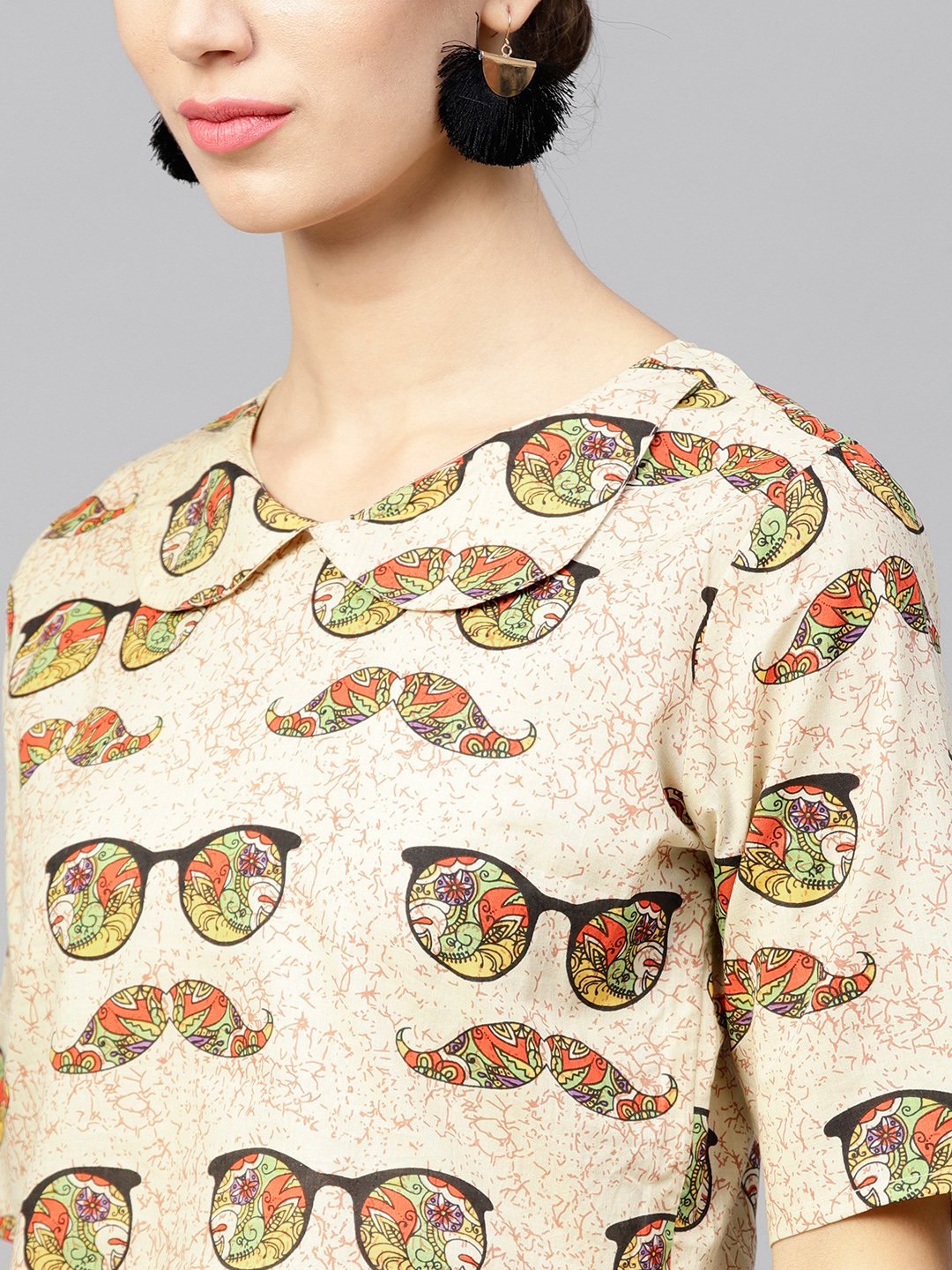Beige Printed Peter Pan Collar Blouse With Floor Length Flared Ion Skirt | LASVINI - Redefining Indian Fashion with Elegance