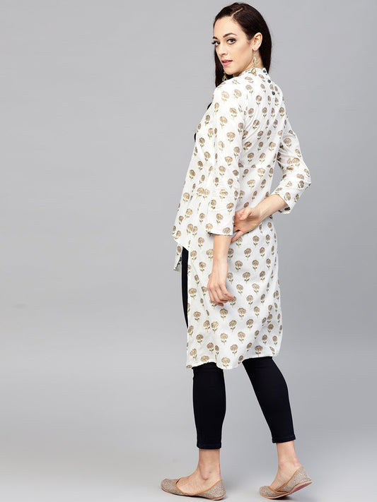 White Asymetric Printed Tunic With Madarin Collar And 3/4 Sleeves | LASVINI - Redefining Indian Fashion with Elegance