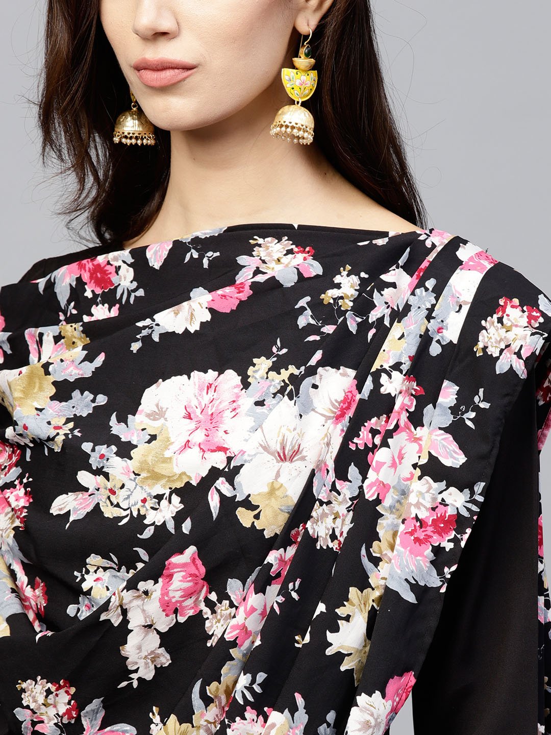 Black Printed Draped Maxi Dress With Round Neck And Full Sleeves | LASVINI - Redefining Indian Fashion with Elegance