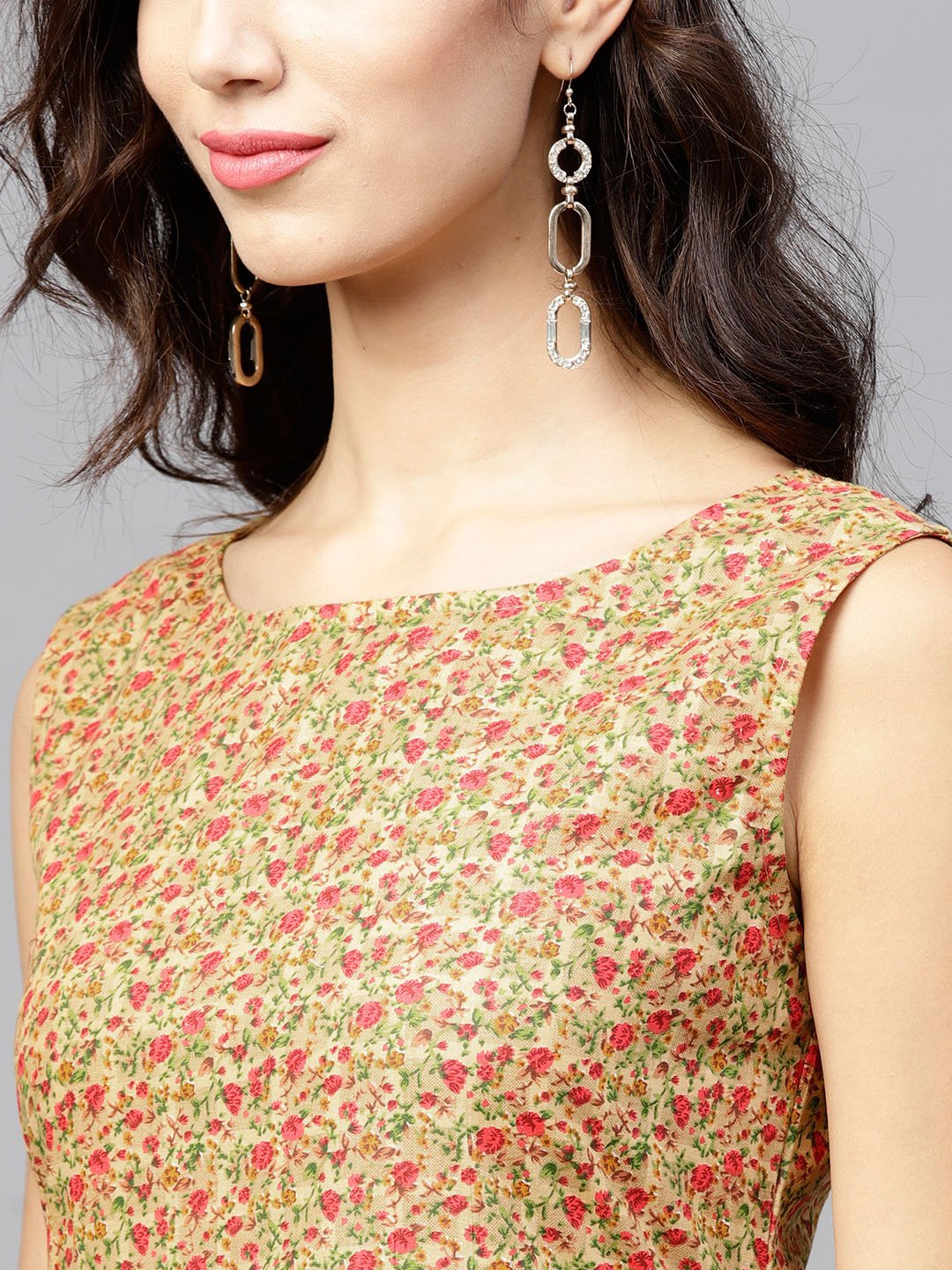 Floral Printed Calf Length Sleeveless Dress With Round Neck | LASVINI - Redefining Indian Fashion with Elegance