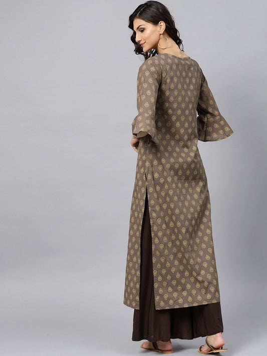 Grey Printed Straight Kurta With Round Neck And 3/4 Sleeves | LASVINI - Redefining Indian Fashion with Elegance