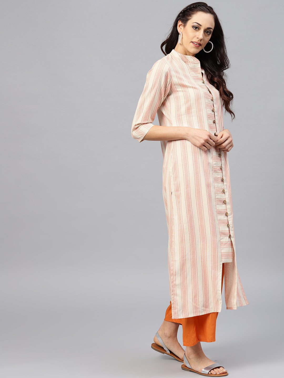 Peach And White Striped Kurta With Madarin Collar And 3/4 Sleeves | LASVINI - Redefining Indian Fashion with Elegance