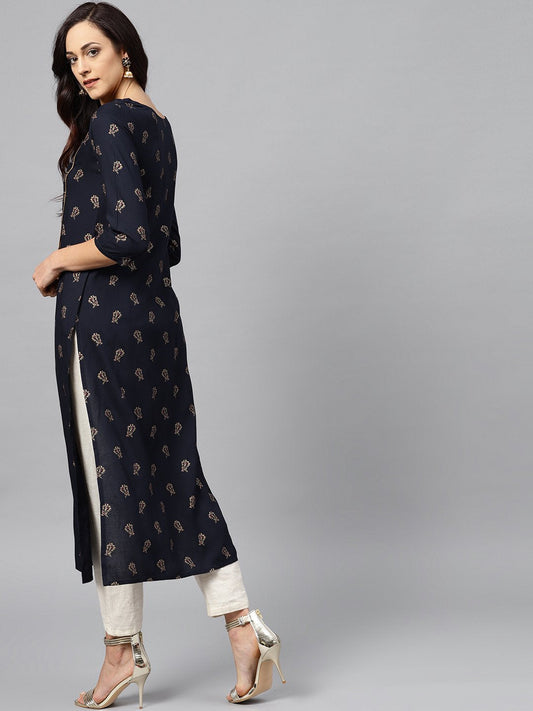 Navy Blue Kurta With Front Yoke With 3/4 Sleeves | LASVINI - Redefining Indian Fashion with Elegance