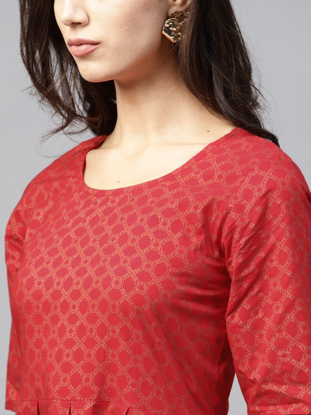 Maroon Printed Maxi Dress With Round Neck And Half Sleeves | LASVINI - Redefining Indian Fashion with Elegance