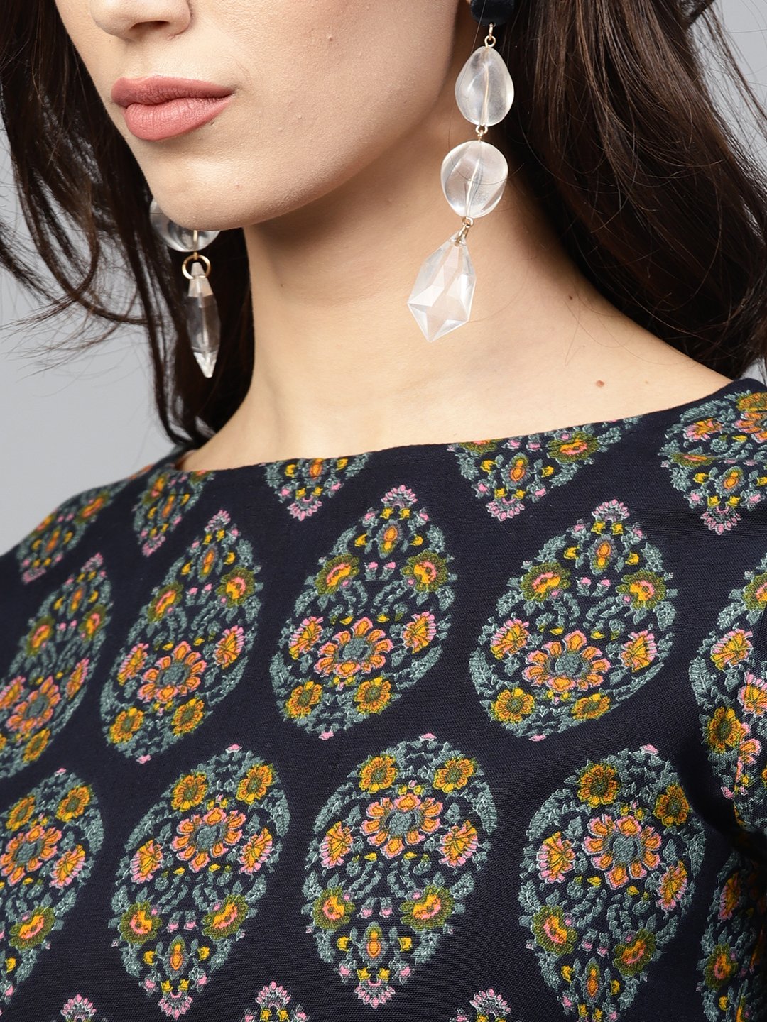 Multi Coloured Maxi Dress With Round Neck And 3/4 Sleeves | LASVINI - Redefining Indian Fashion with Elegance