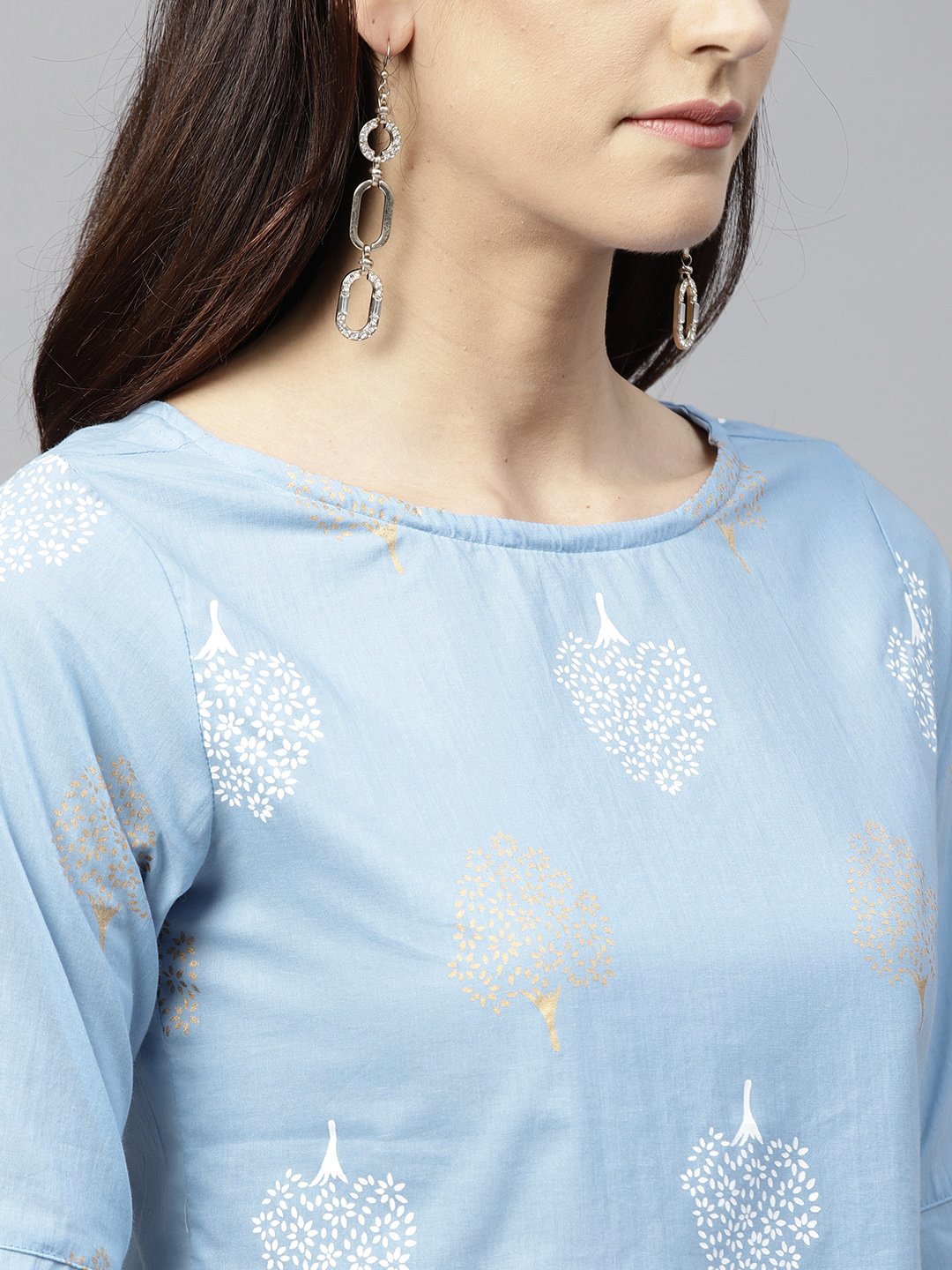 Blue Printed Crop Top With Round Neck And 3/4 Sleeves | LASVINI - Redefining Indian Fashion with Elegance