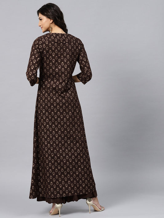 Dark Brown Printed Kurta With V-Neck And 3/4 Sleeves | LASVINI - Redefining Indian Fashion with Elegance