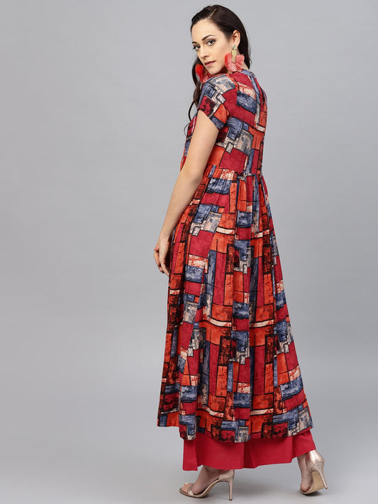 Multi Colored Short Sleeve Rayon Kurta Set With Red Palazzo | LASVINI - Redefining Indian Fashion with Elegance