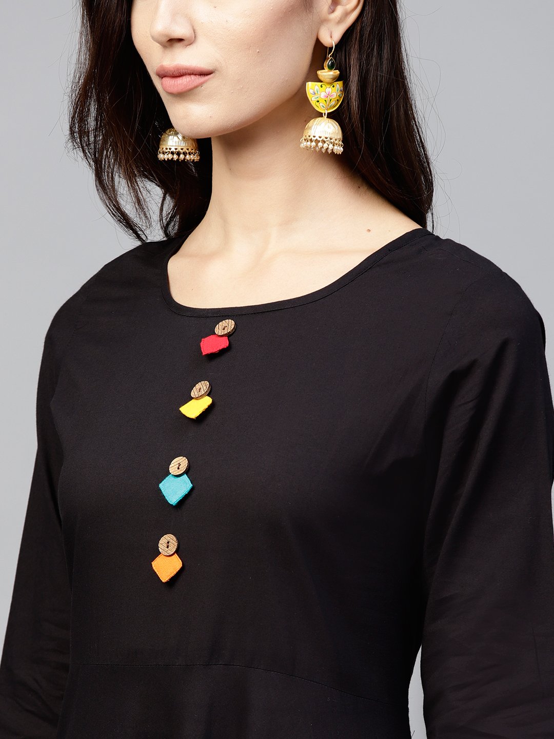 Black Maxi Dress With With Round Neck And 3/4 Sleeves | LASVINI - Redefining Indian Fashion with Elegance