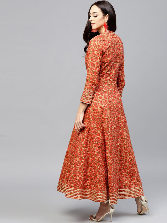 Red Floral Printed Maxi Dress With Madarin Collar Slit And Full Sleeves | LASVINI - Redefining Indian Fashion with Elegance