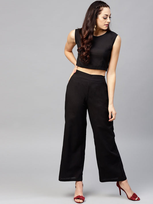 Solid Black Blouse Set With Black Palazzo And Printed Long Jacket | LASVINI - Redefining Indian Fashion with Elegance