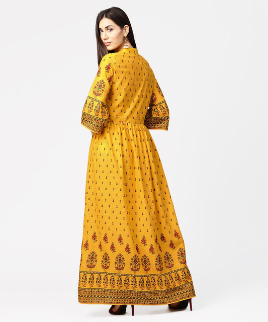 Yellow Printed 3/4Th Flared Sleeve Cotton Maxi Dress | LASVINI - Redefining Indian Fashion with Elegance