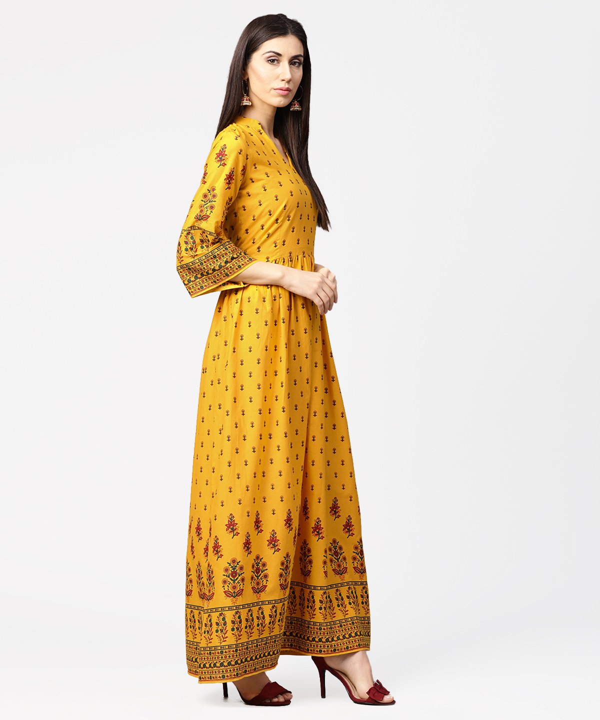 Yellow Printed 3/4Th Flared Sleeve Cotton Maxi Dress | LASVINI - Redefining Indian Fashion with Elegance