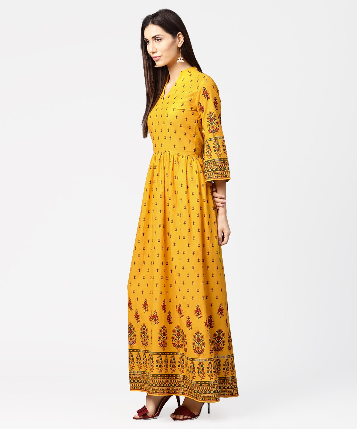 Yellow Printed 3/4Th Flared Sleeve Cotton Maxi Dress | LASVINI - Redefining Indian Fashion with Elegance