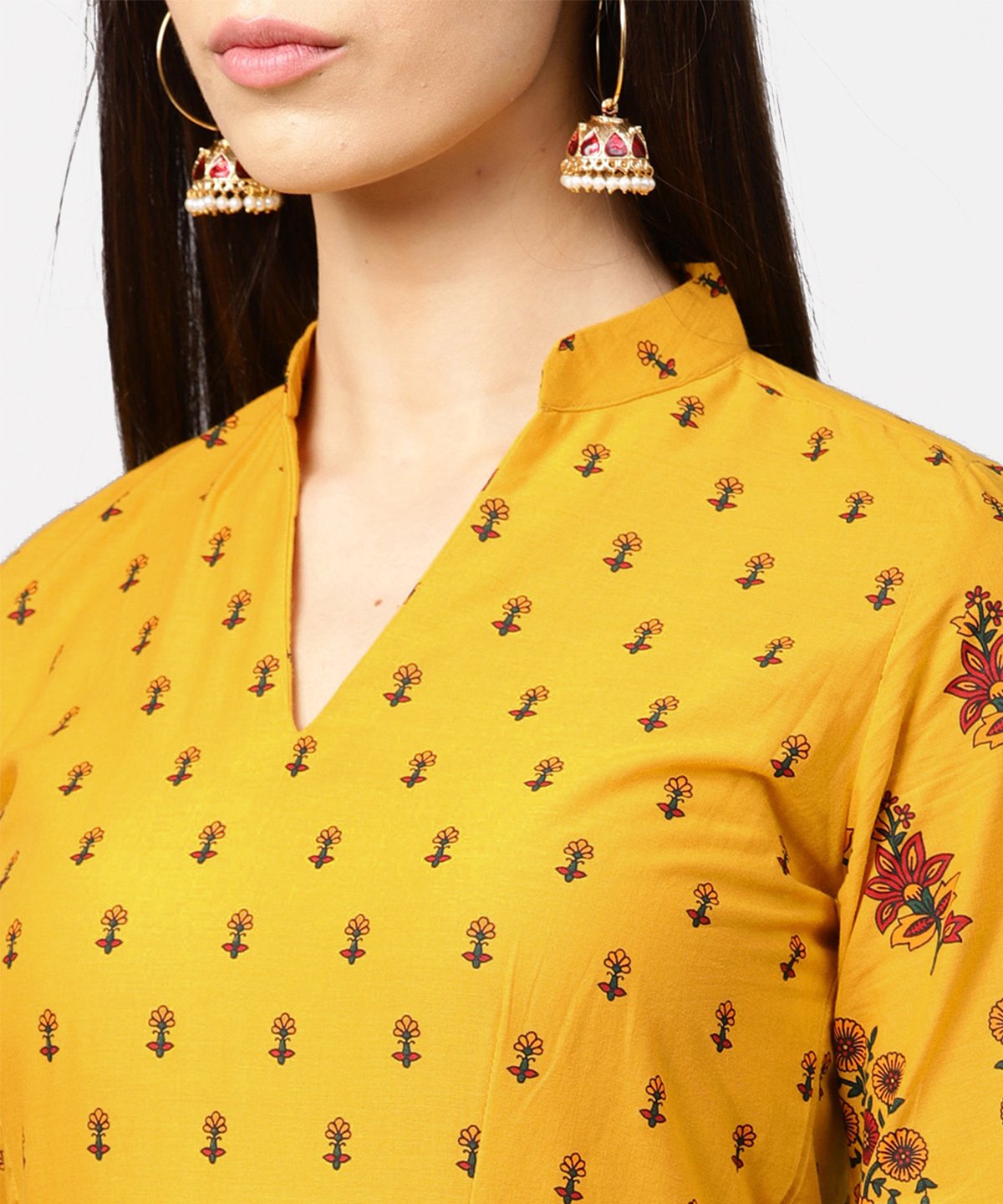Yellow Printed 3/4Th Flared Sleeve Cotton Maxi Dress | LASVINI - Redefining Indian Fashion with Elegance