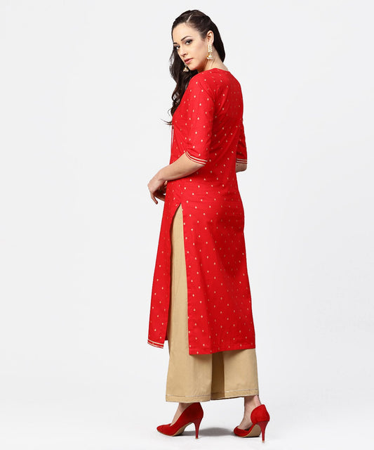 Red 3/4Th Sleeve Dot Printed Cotton Kurta With Beige Pallazo | LASVINI - Redefining Indian Fashion with Elegance