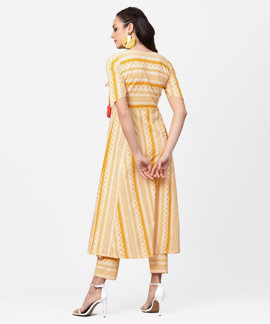 Yellow Printed Half Slevee Cotton A-Line Kurta With Dori Work With Ankle Length Pant | LASVINI - Redefining Indian Fashion with Elegance