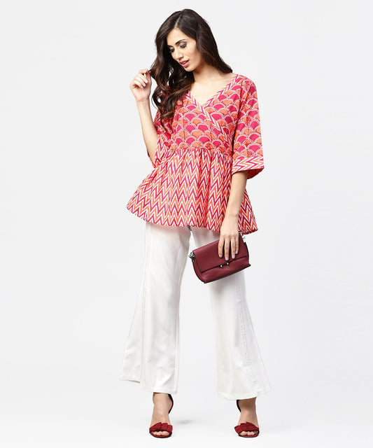 Red Printed 3/4Th Sleeve Angrakha Style Cotton Tunic | LASVINI - Redefining Indian Fashion with Elegance