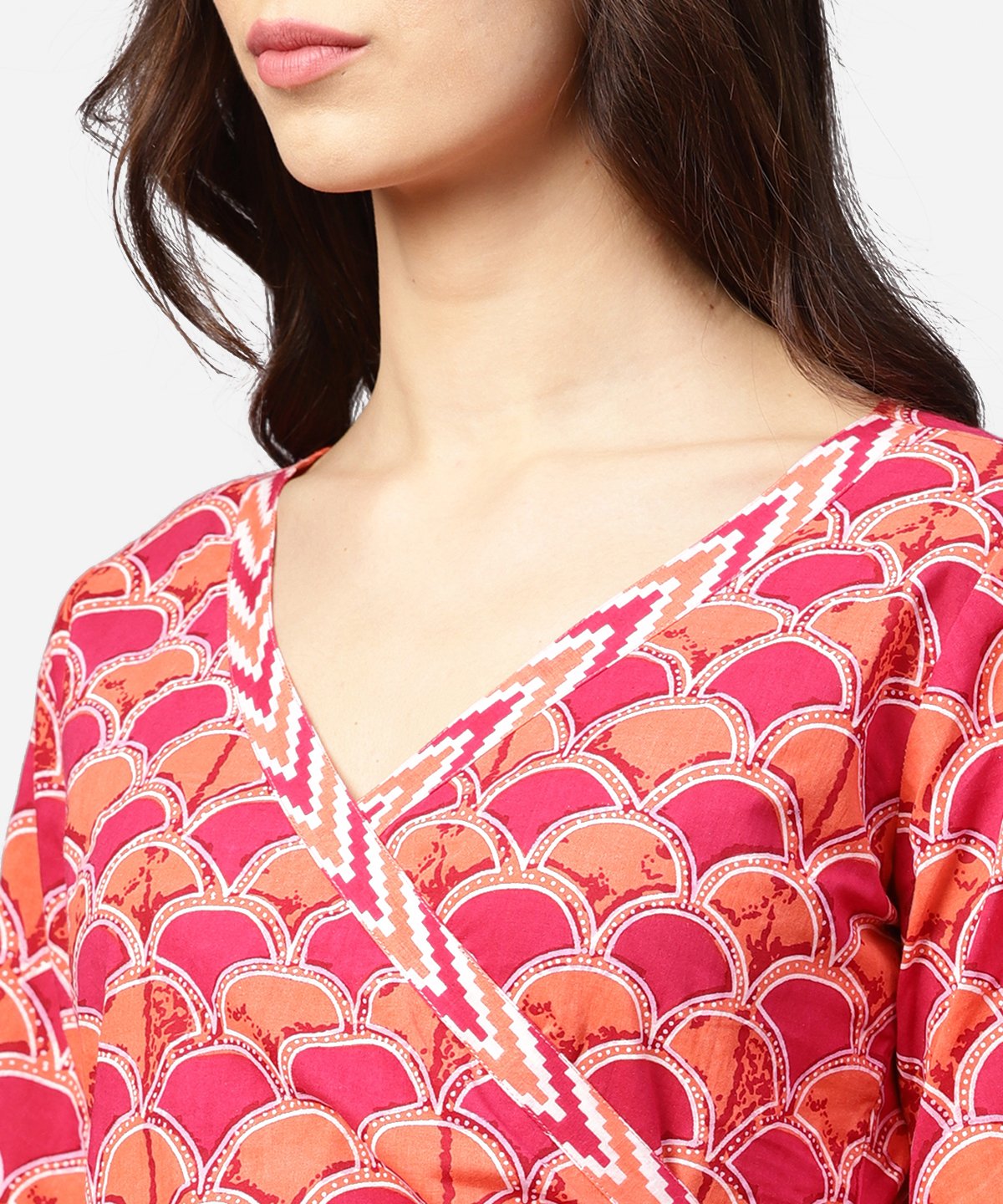 Red Printed 3/4Th Sleeve Angrakha Style Cotton Tunic | LASVINI - Redefining Indian Fashion with Elegance