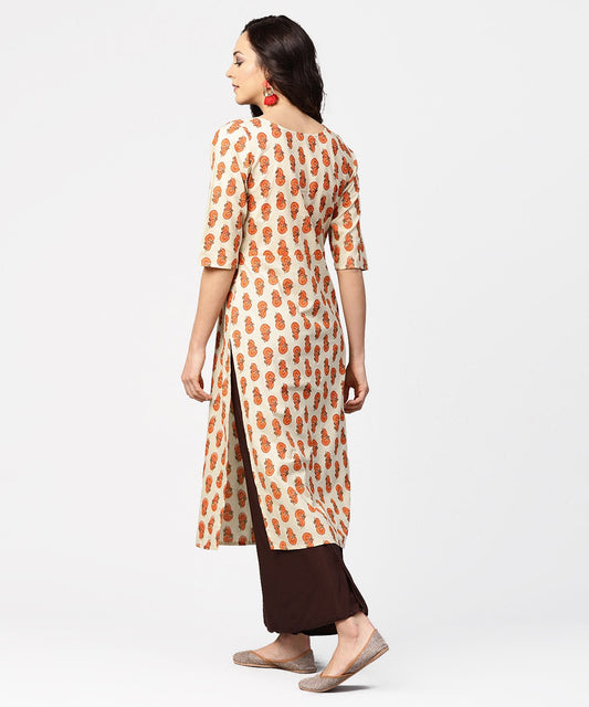 Off White Printed Half Sleeve Cotton Straight Kurta | LASVINI - Redefining Indian Fashion with Elegance