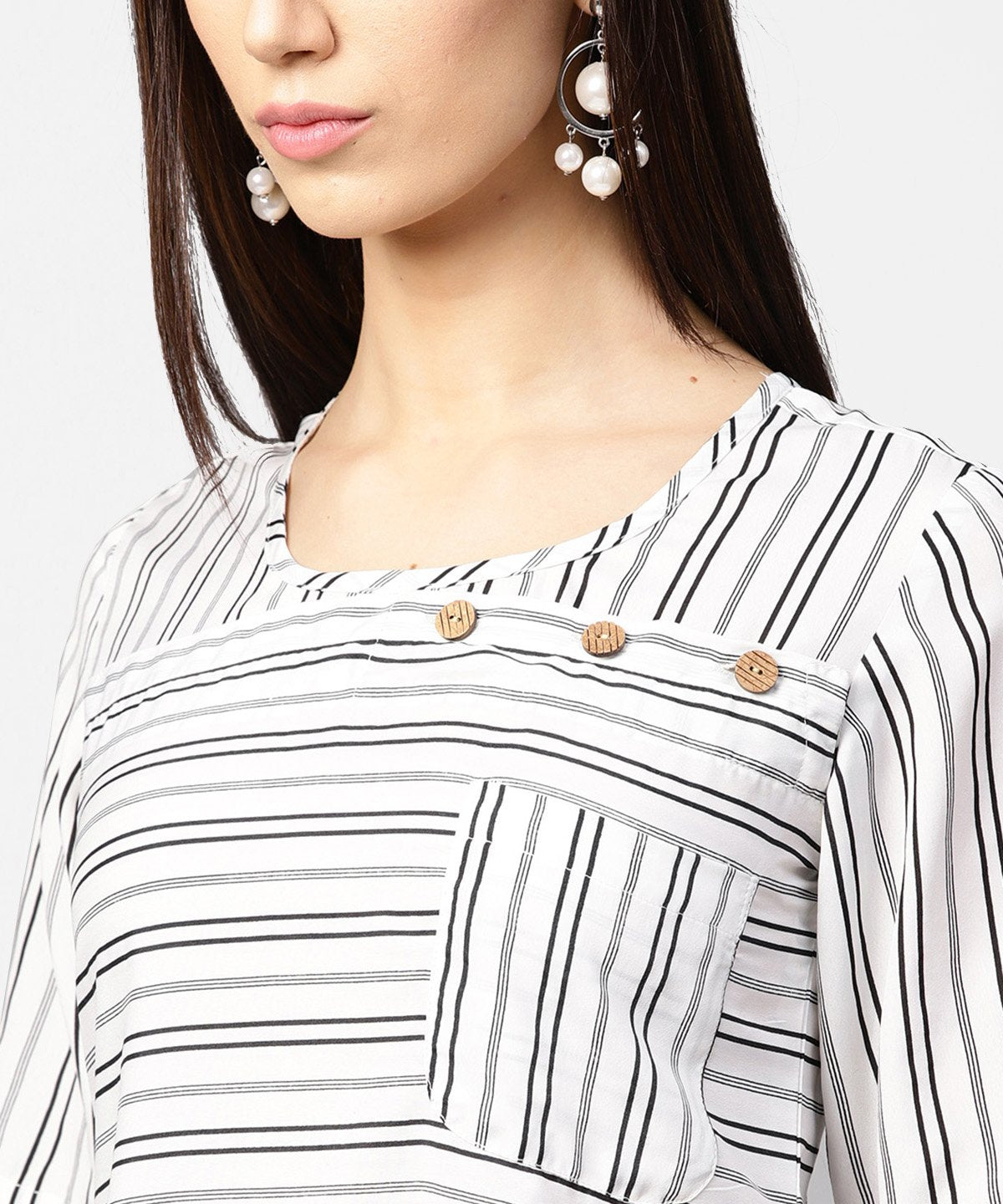 Off White Striped Half Sleeve Crepe Top | LASVINI - Redefining Indian Fashion with Elegance