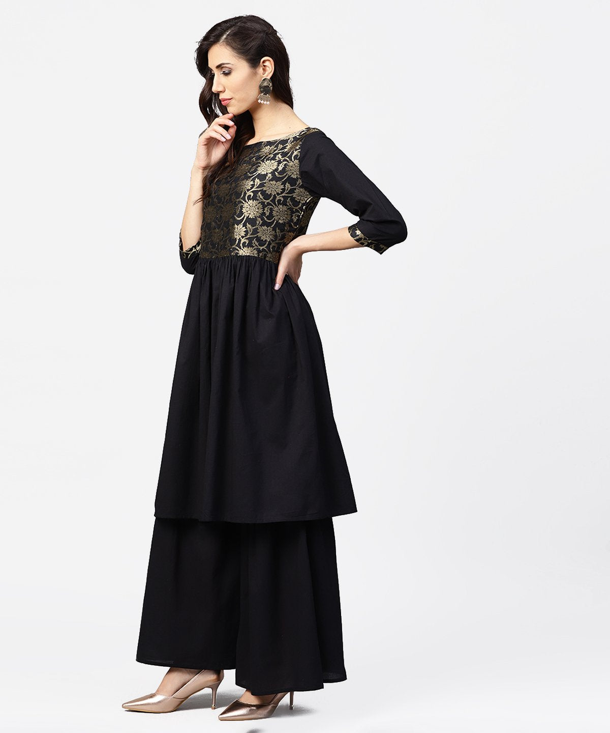 Black 3/4Th Sleeve Cotton Anarkali Kurta With Brocade At Yoke With Ankle Length Palazzo & Dupatta | LASVINI - Redefining Indian Fashion with Elegance