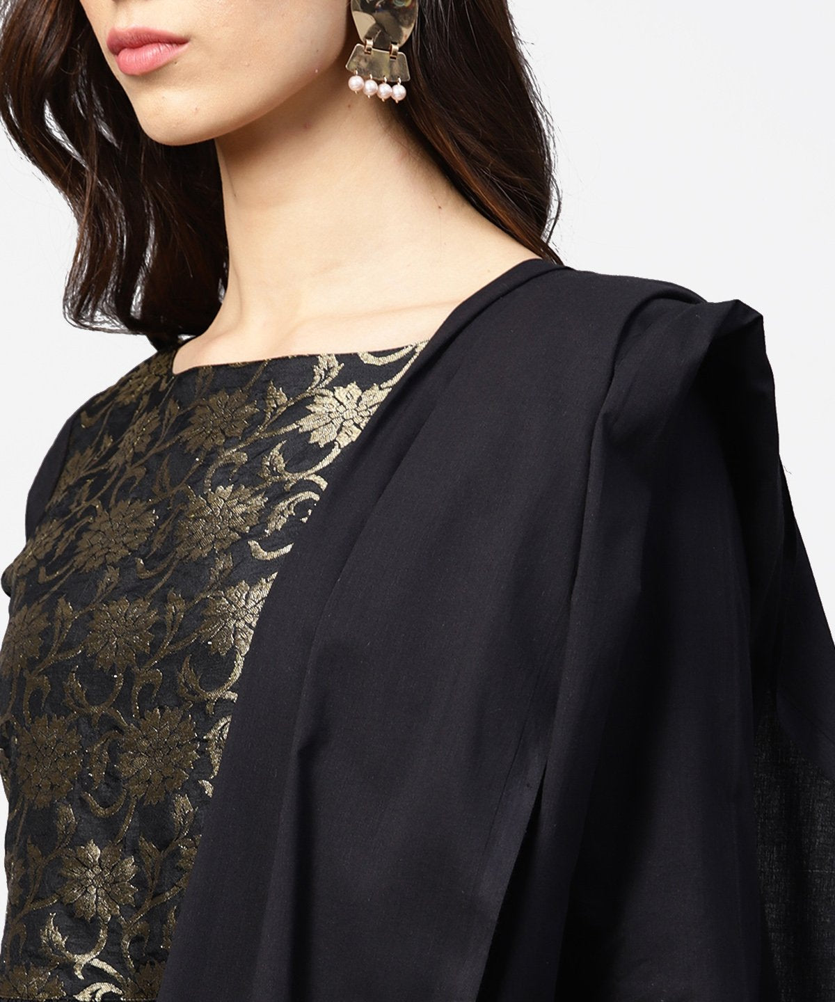 Black 3/4Th Sleeve Cotton Anarkali Kurta With Brocade At Yoke With Ankle Length Palazzo & Dupatta | LASVINI - Redefining Indian Fashion with Elegance