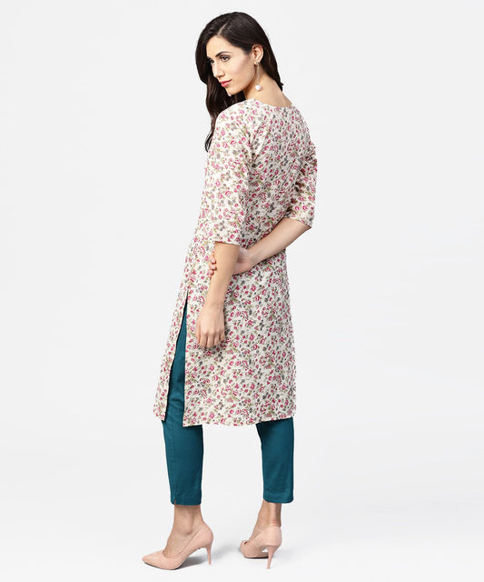 Peach Printed 3/4Th Sleeve Cotton Kurta With Dori Work At Yoke | LASVINI - Redefining Indian Fashion with Elegance