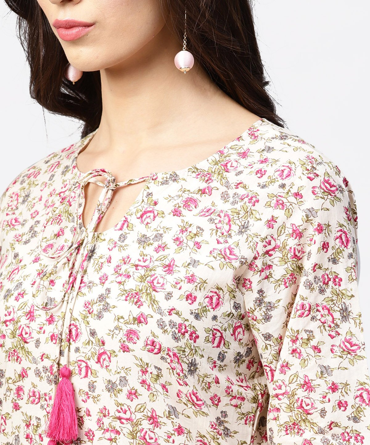 Peach Printed 3/4Th Sleeve Cotton Kurta With Dori Work At Yoke | LASVINI - Redefining Indian Fashion with Elegance