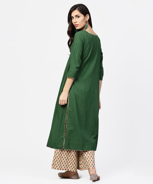 Solid Green 3/4Th Sleeve Side Gathering Cotton Kurta With Printed Pallazo | LASVINI - Redefining Indian Fashion with Elegance