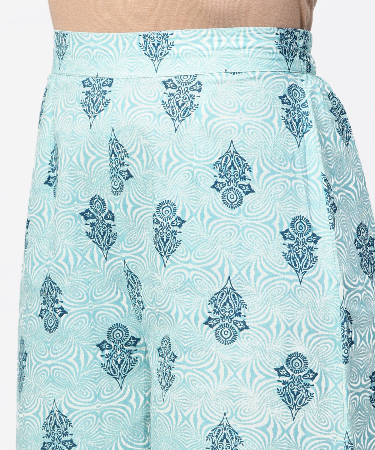 Green Printed 3/4Th Sleeve A-Line Cotton Kurta With Blue Printed Pallzo | LASVINI - Redefining Indian Fashion with Elegance