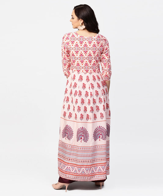 Baby Pink Printed 3/4Th Sleeve Cotton Floor Length Kurta | LASVINI - Redefining Indian Fashion with Elegance