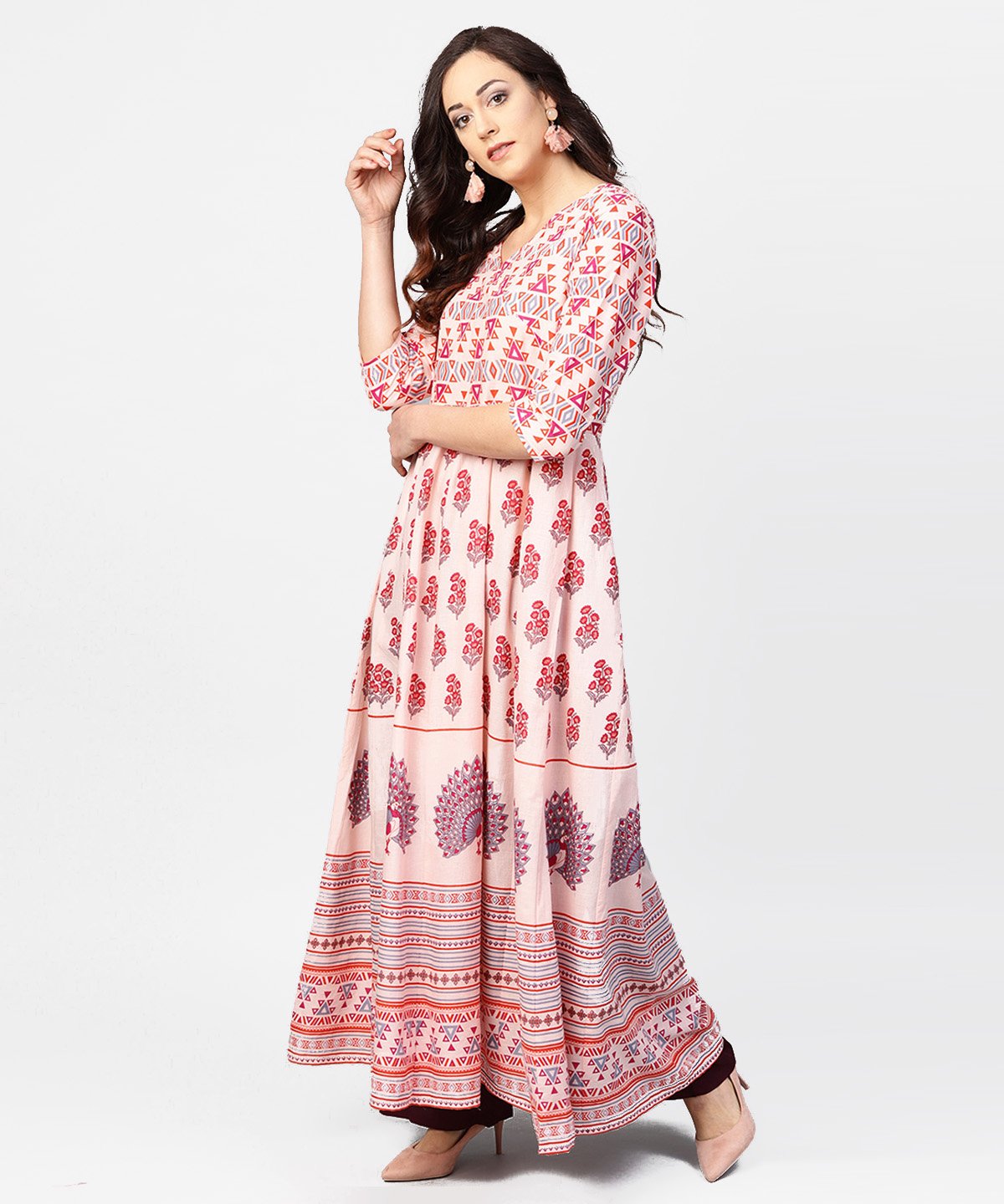 Baby Pink Printed 3/4Th Sleeve Cotton Floor Length Kurta | LASVINI - Redefining Indian Fashion with Elegance