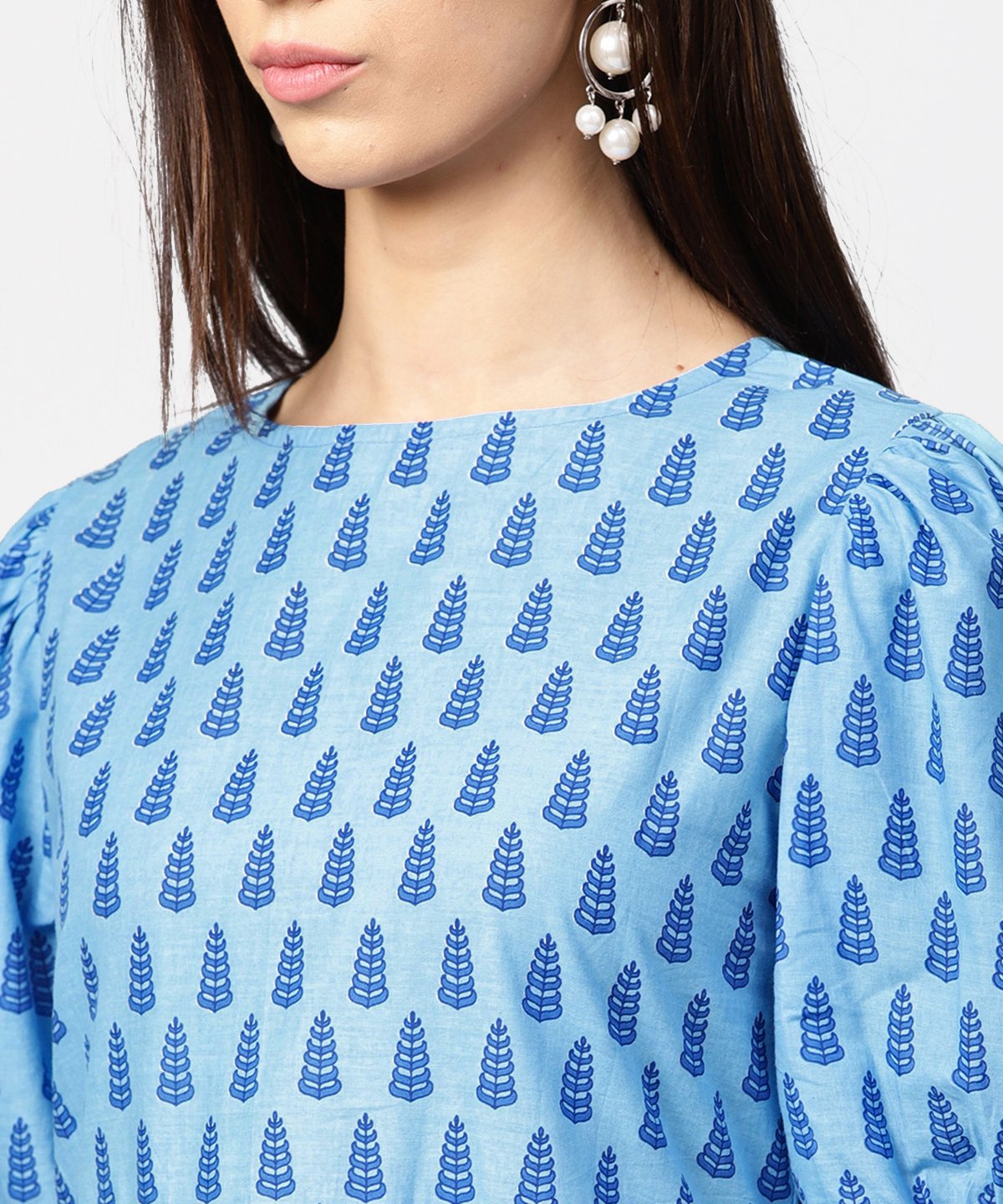 Blue Printed Ballon Style Puff Sleeve Cotton A-Line Dress | LASVINI - Redefining Indian Fashion with Elegance