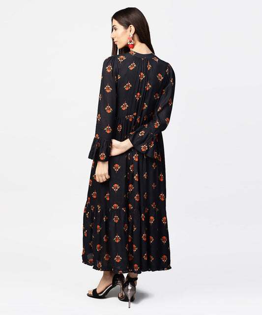 Dark Blue Full Sleeve Closed Neck Cotton Maxi Dress | LASVINI - Redefining Indian Fashion with Elegance