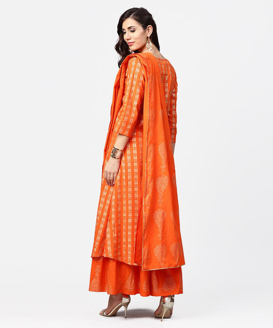 Yellow Printed 3/4Th Sleeve Cotton A-Line Kurta With Flared Pallazo & Dupatta | LASVINI - Redefining Indian Fashion with Elegance